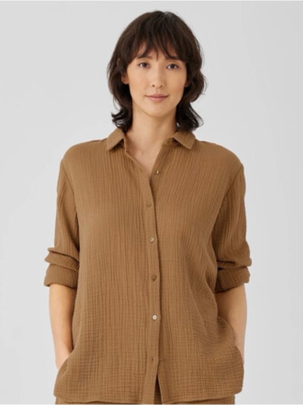 Eileen Fisher Organic Cotton Gauze Classic Collar Shirt Chestnut Size Large